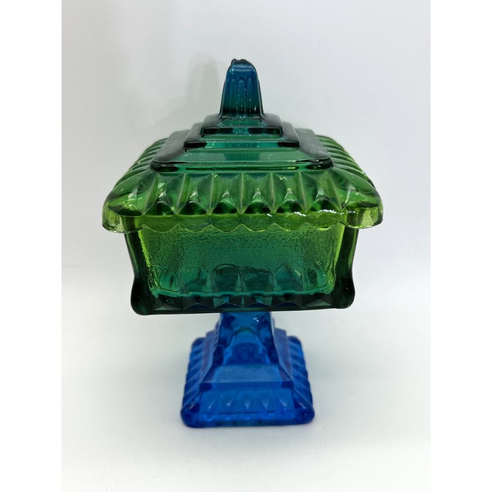 Jeannette Blue Green Ombre Flash Glass Candy Dish Wedding Box w/ Lid Art Deco